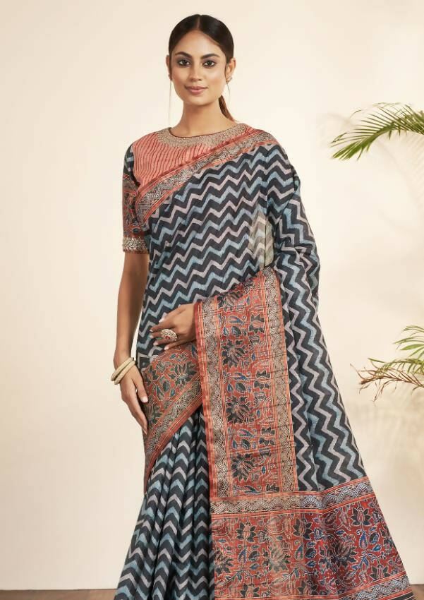 Blue Bhagalpuri Silk Stripe printed with Stone Work & Hand Work Saree - Norita Nirvi