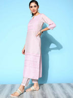 Ahalyaa Women's Beige Cotton Blend Printed Kurta Pant Set - Distacart