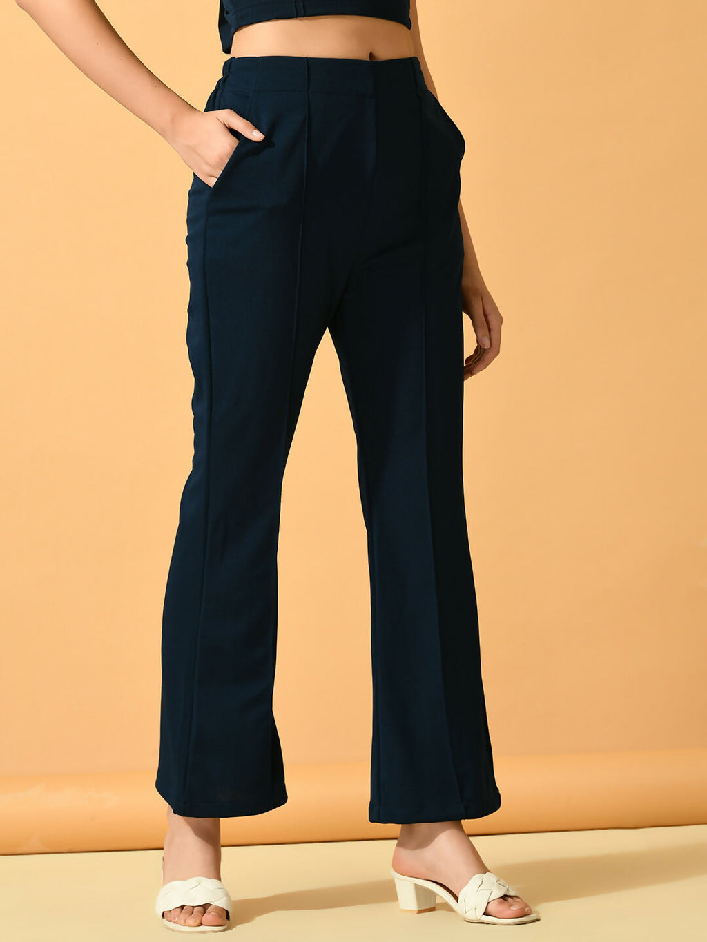 Myshka Women's Navy Blue Solid Coat With Trousers