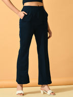 Myshka Women's Navy Blue Solid Coat With Trousers