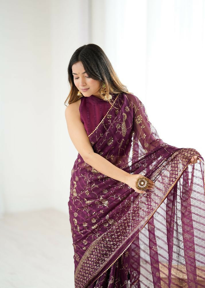 PR Fashion Wine Georgette Patta Plain With Foil Work And Small Lace And Zalar Lace Saree