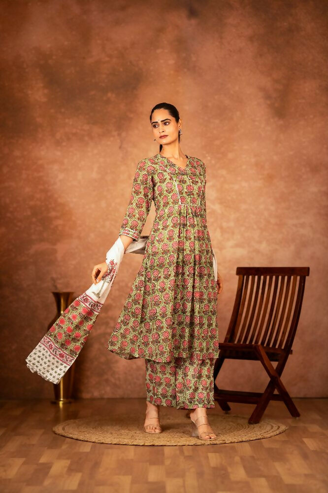 Joban Fashion Green Hand Block Printed Cotton Suit Set - Distacart