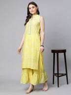 Ahalyaa Women Yellow Colour Pure Cotton Glitter Print Kurta Palazzo Set - Distacart
