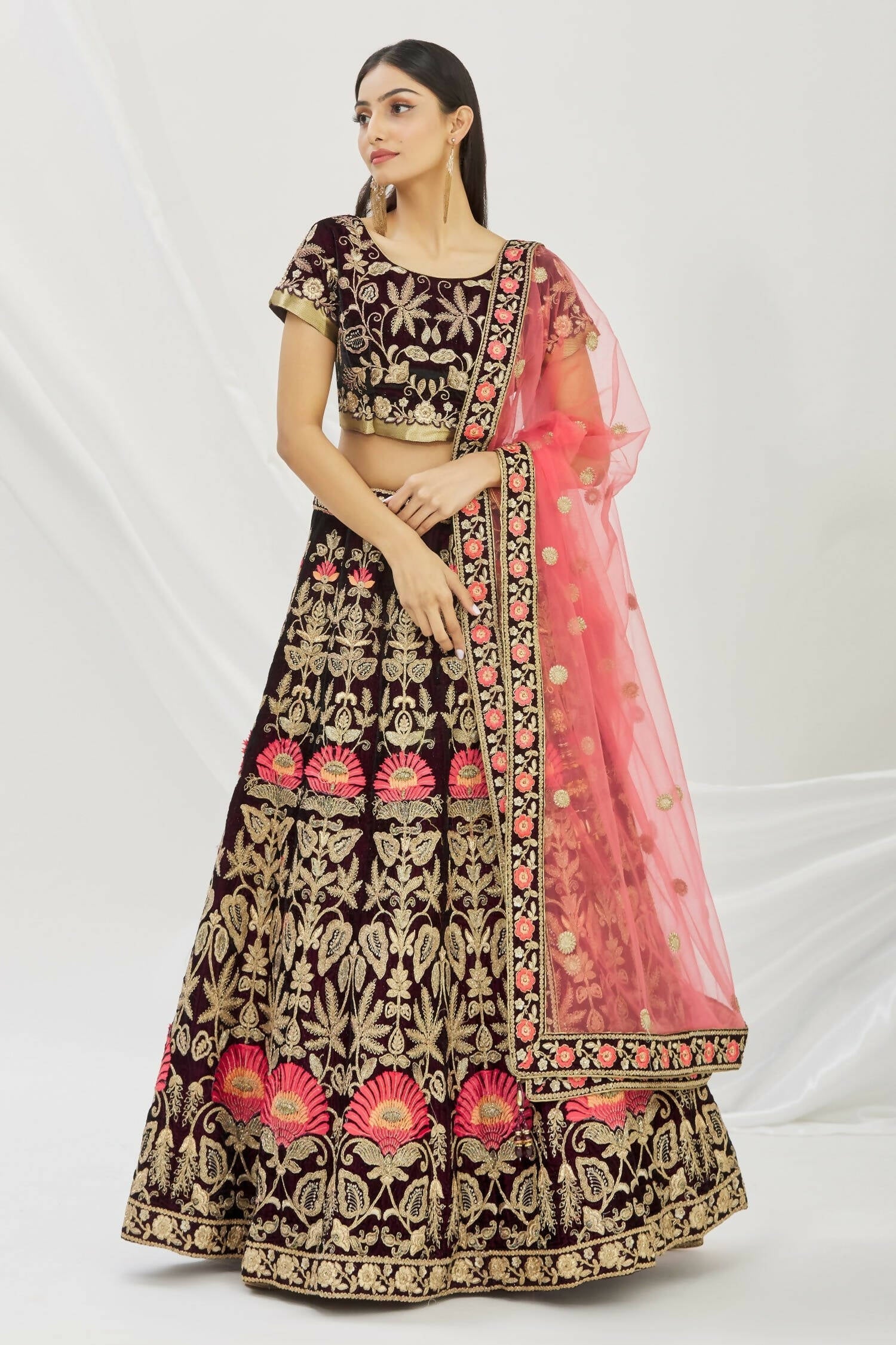Purple Velvet Semi-Stitched Wedding Bridal Lehenga - Nimaya