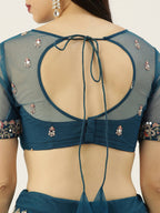 House of Panchhi Teal Net Semi stitched Mirror and Coding Work Lehenga Choli