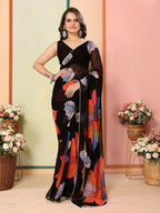 Black Georgette Designer Printed Ready To Wear Saree - Elite