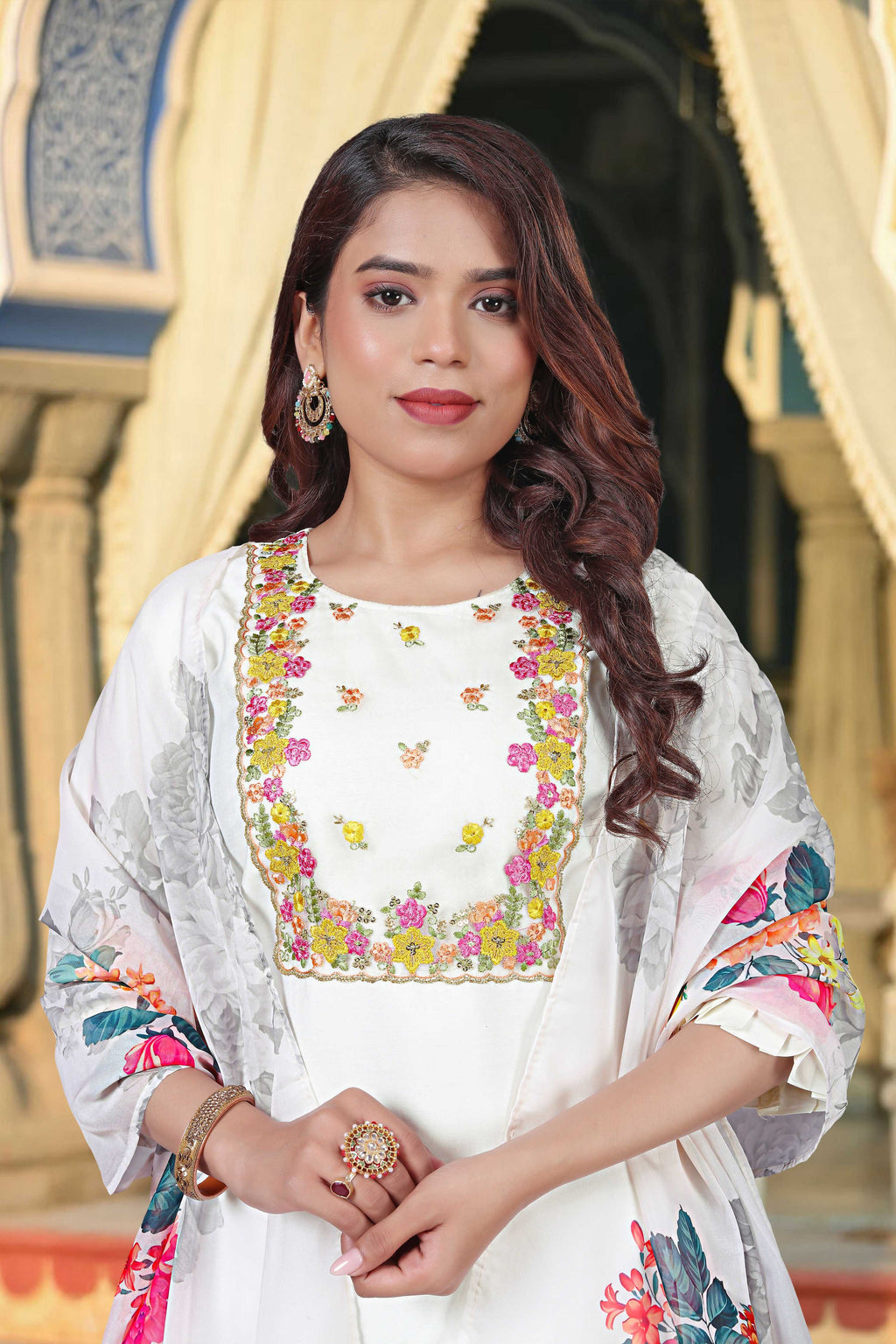 The52 Women's Beautiful Chanderi Fabric Embroidery Work Straight Kurta Pant and Dupatta Set - Distacart