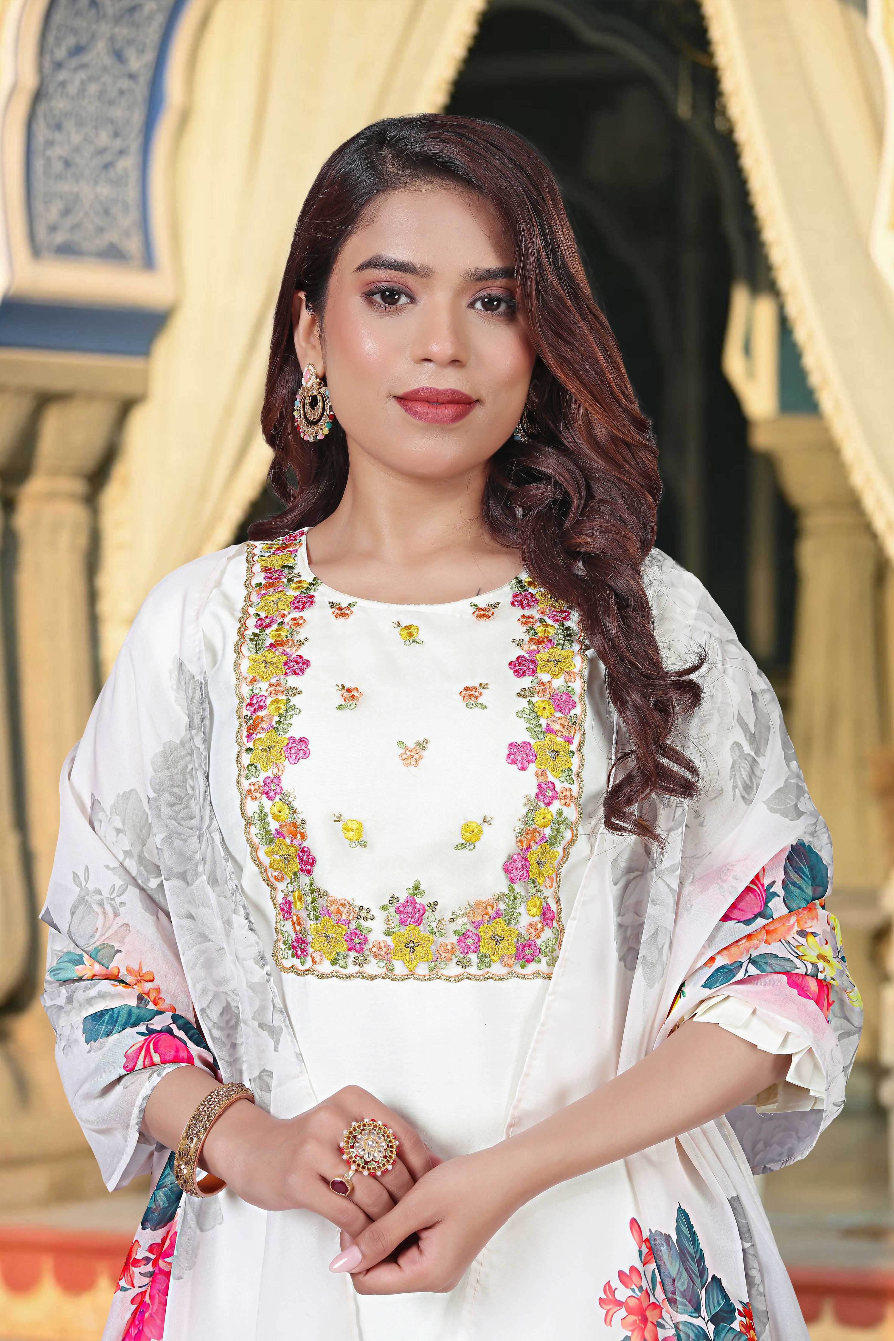 The52 Women's Beautiful Chanderi Fabric Embroidery Work Straight Kurta Pant and Dupatta Set - Distacart