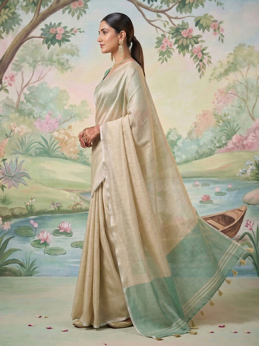 Shree Shyam Fashion Beige Tissue Silk Saree - Distacart
