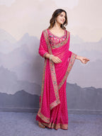 Pink Georgette Bandhani Printed,Embroidery Work Saree - Surkhi