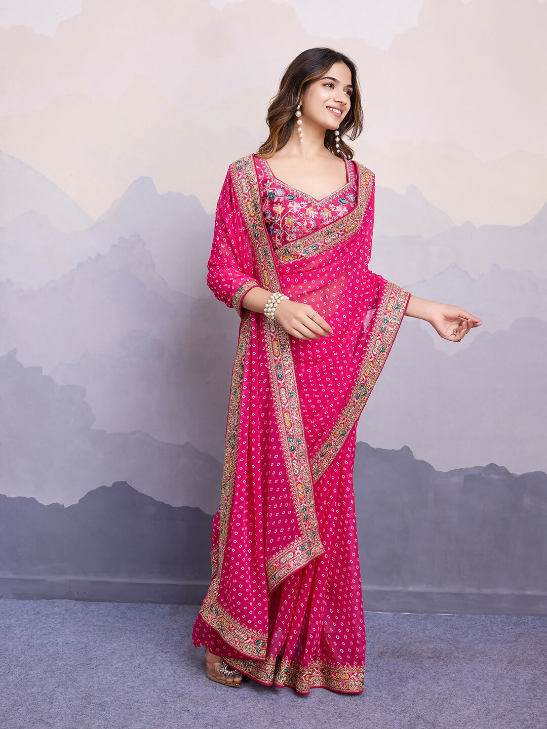 Pink Georgette Bandhani Printed,Embroidery Work Saree - Surkhi