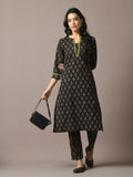 Myshka Women's Black Printed Cotton Straight Party Kurta Set