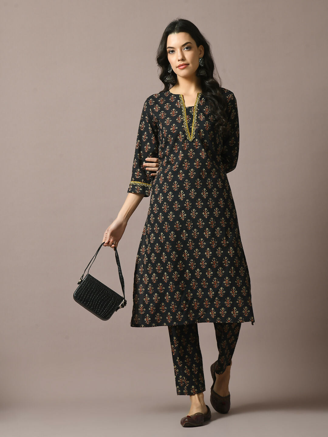 Myshka Women's Black Printed Cotton Straight Party Kurta Set