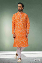 Raivat Ethnic Cotton Printed Work Kurta Pajama In Orange Colour