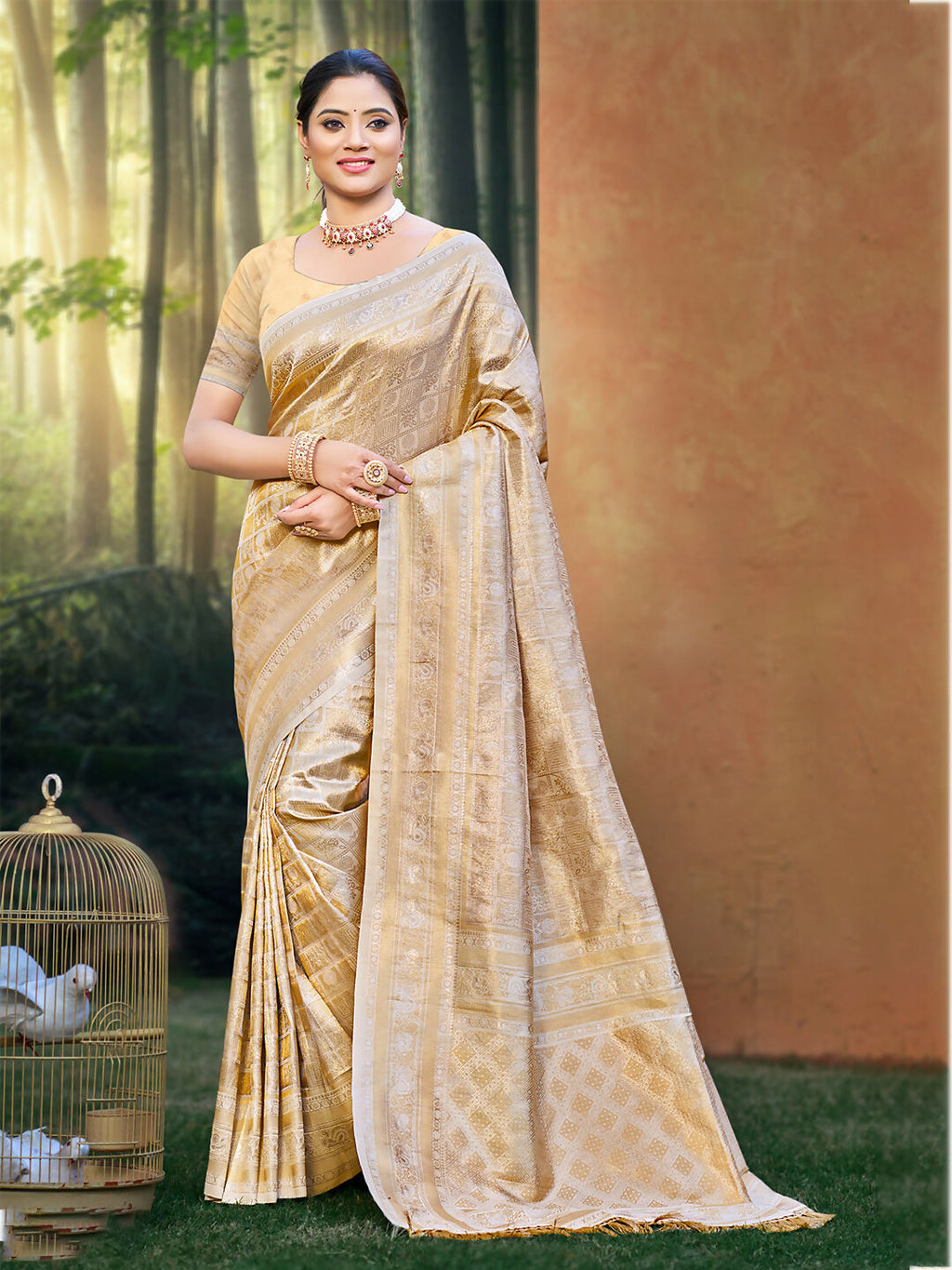 Sangam Prints Beige Kanjivaram Silk Woven Work Traditional Saree