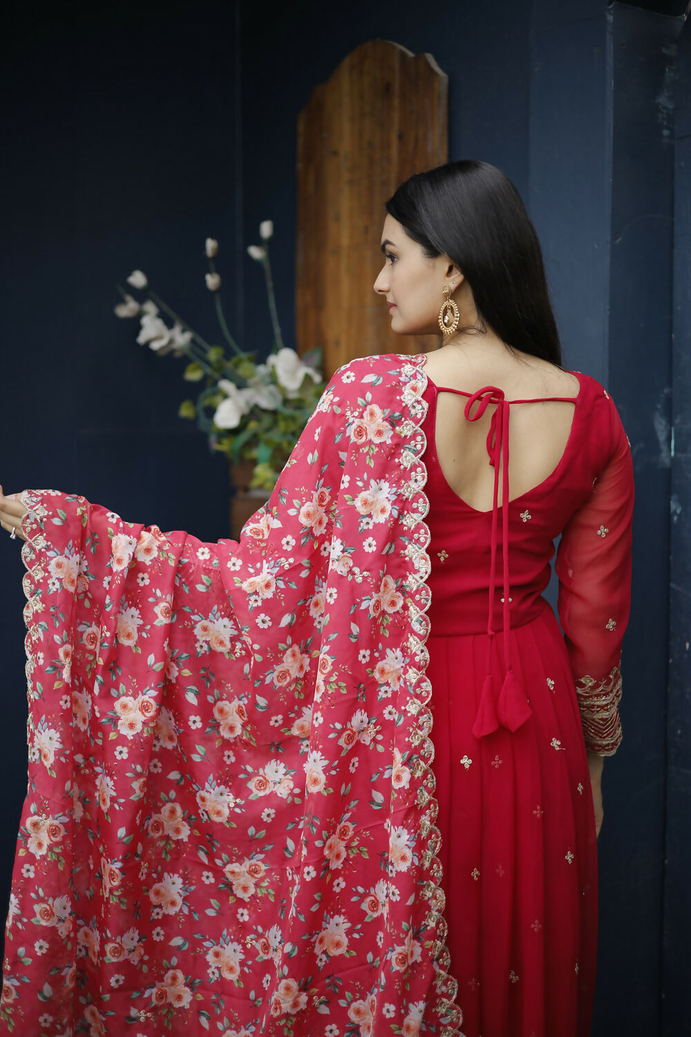 Aayaa Designer Embroidery Zari Sequins-Work Faux Blooming Georgette Suit - Red - Distacart