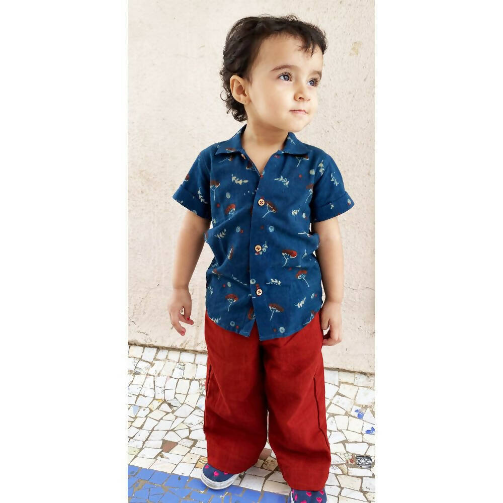 Mhyssa Half Sleeve Blue Shirt With Full Length Red Pant Set For Kids