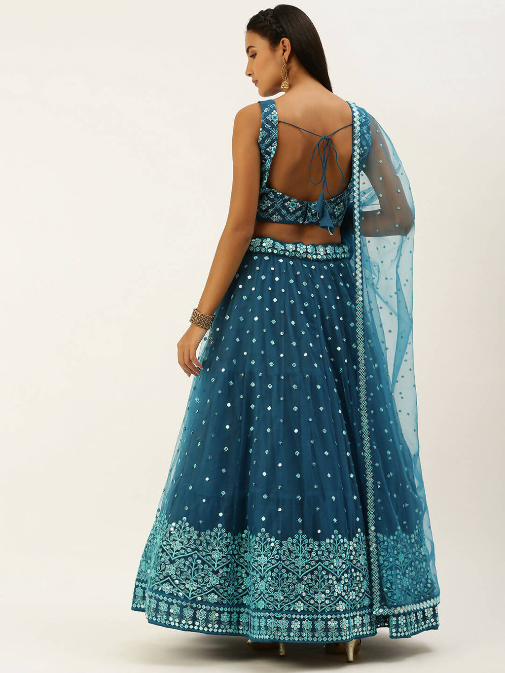House of Panchhi Teal Net Sequinse Work Lehenga & Blouse, Dupatta