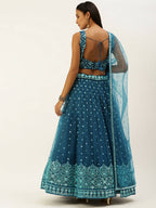 House of Panchhi Teal Net Sequinse Work Lehenga & Blouse, Dupatta