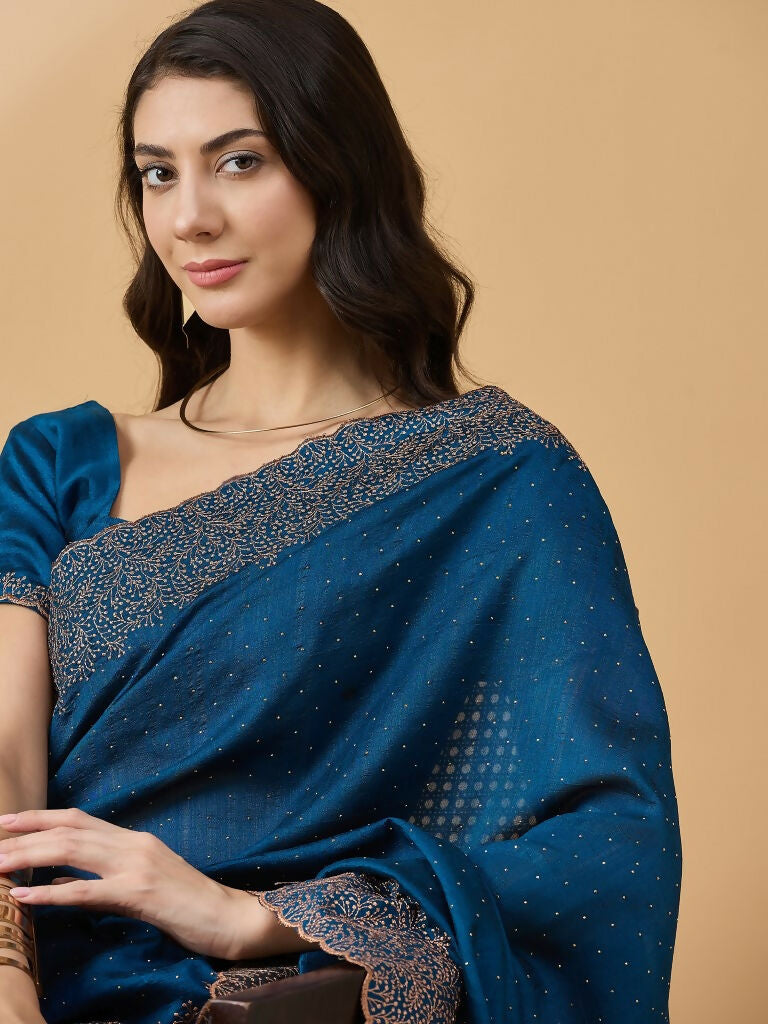 Blue Silk Blend Embroidered Saree with Unstitched Blouse - Vairagi