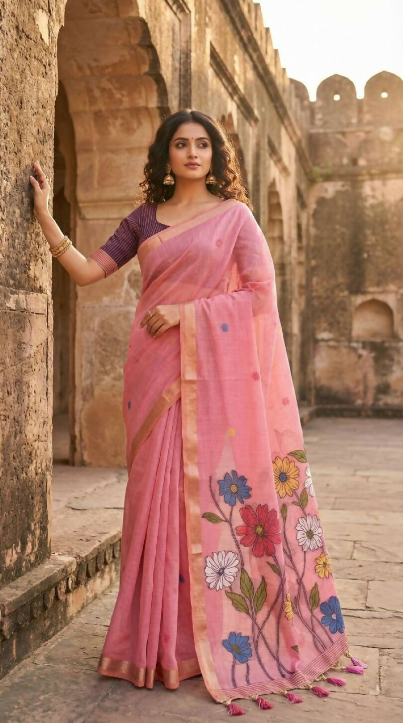 Vastranavya Pink Muga Cotton Meenakari & Azarakh Pallu Saree with Contrast Blouse - Distacart
