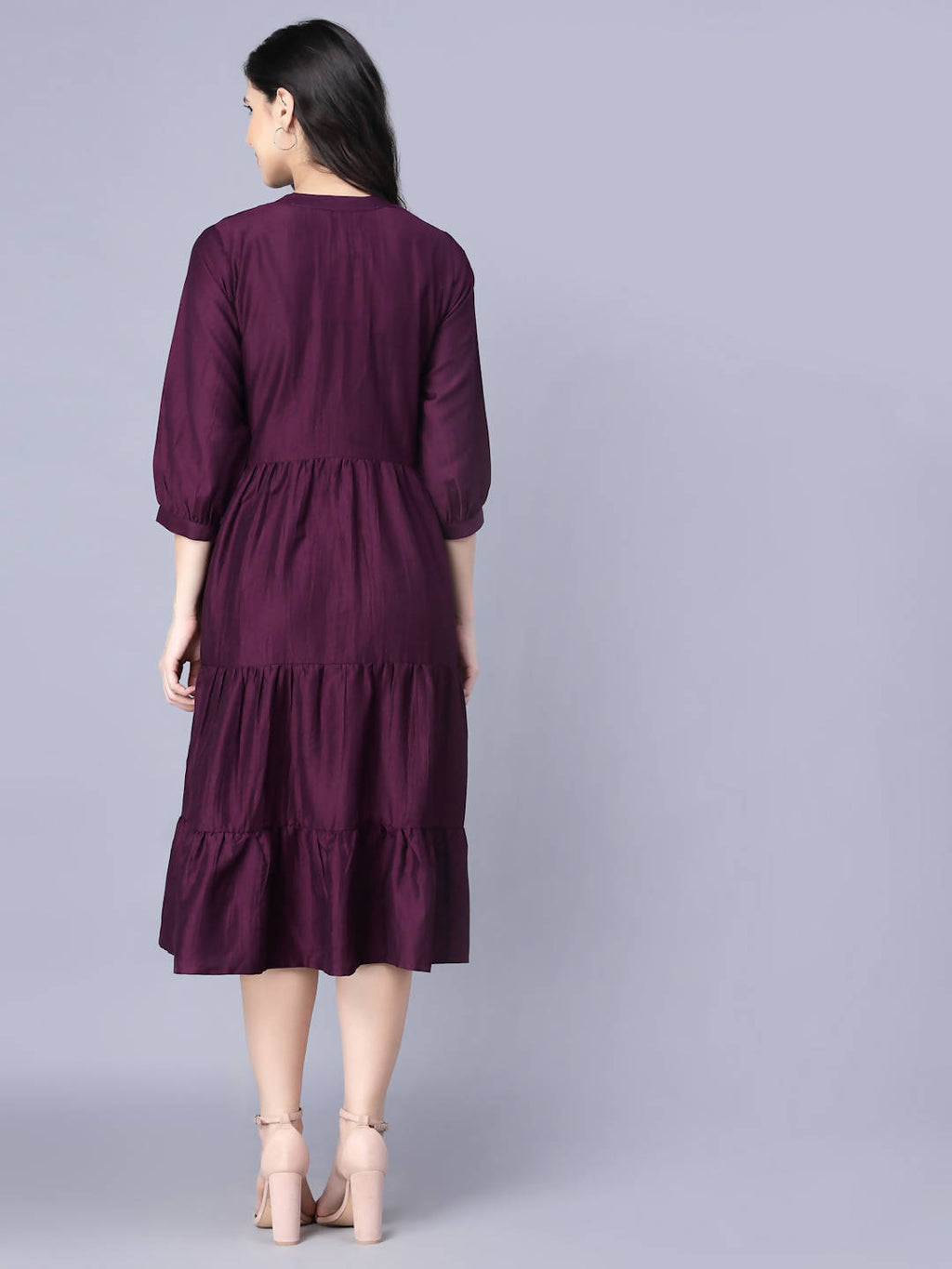 Myshka Silk Solid 3/4 Sleeve V Neck Purple Women Dress - Distacart
