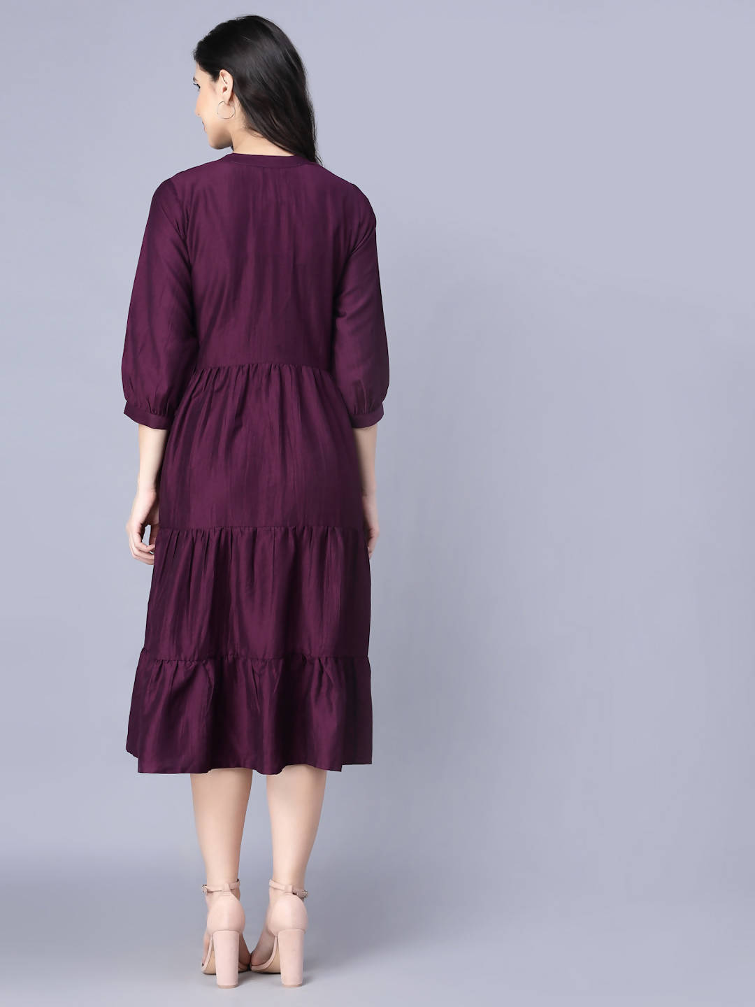 Myshka Silk Solid 3/4 Sleeve V Neck Purple Women Dress - Distacart