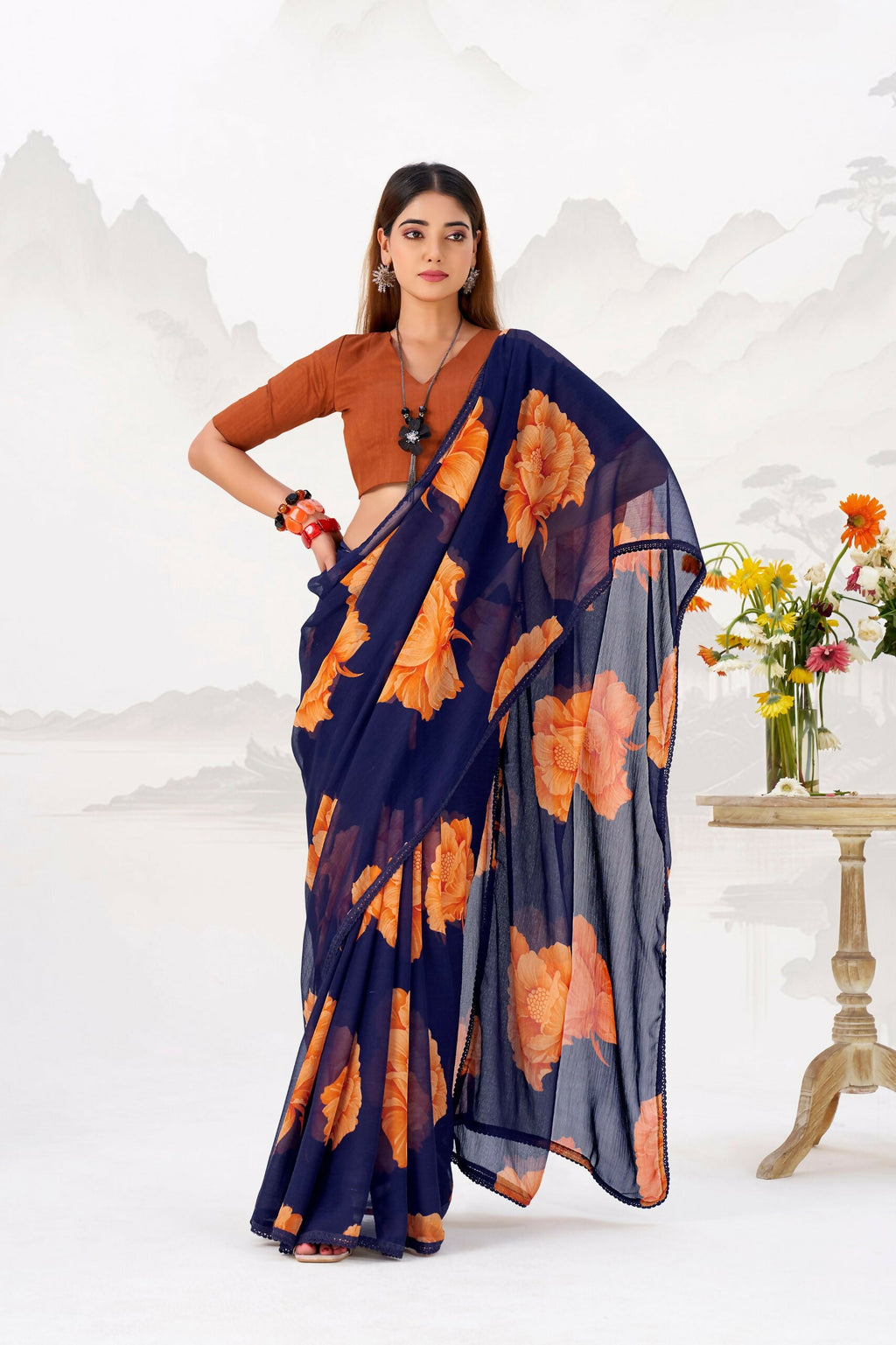 Vastranavya Navy Blue Floral Print with Lace Border work Chiffon Saree & Unstitched Blouse - Distacart