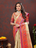 Lorenvalley Fashion Cream Kanjivaram Silk Woven Design with Zari Weaving Saree