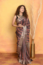 Very Much Indian Modal Silk Ajrakh Handblock Printed Natural Dyes With Designer Border Saree - Brown