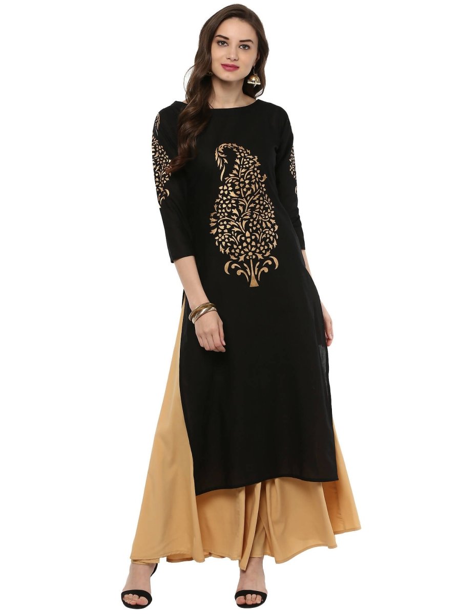 Ahalyaa Black Chanderi Gold Print Kurta - Distacart