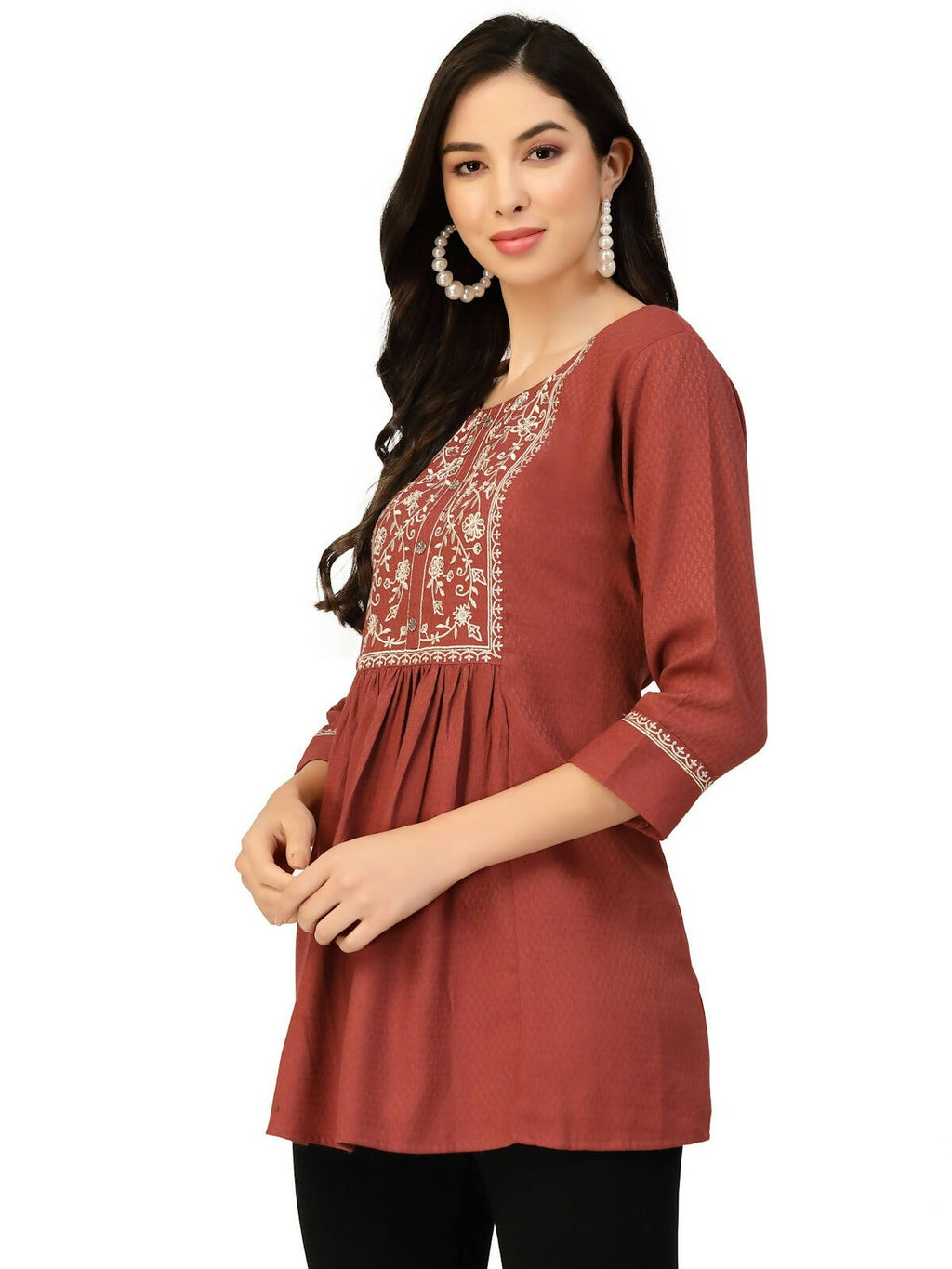 Brown Poly Rayon Floral Embroidered Top - Zeny