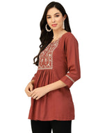 Brown Poly Rayon Floral Embroidered Top - Zeny