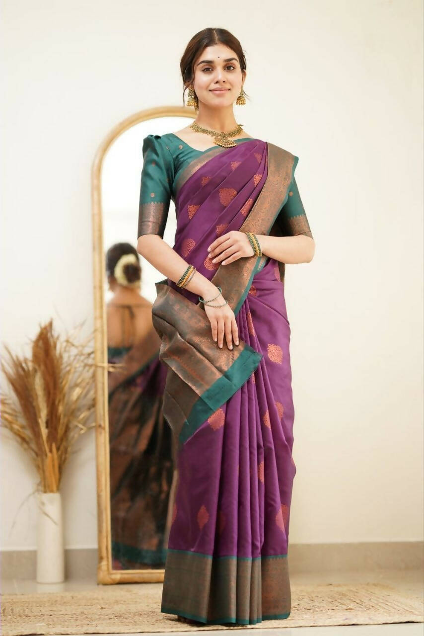DEIANA'S Beautiful Designer Golden zari Soft Lichi Silk Saree - Purple