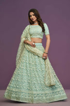 Pista Green Soft Net Thread Sequence Embroidery Work Lehenga Choli - Jihu Culture