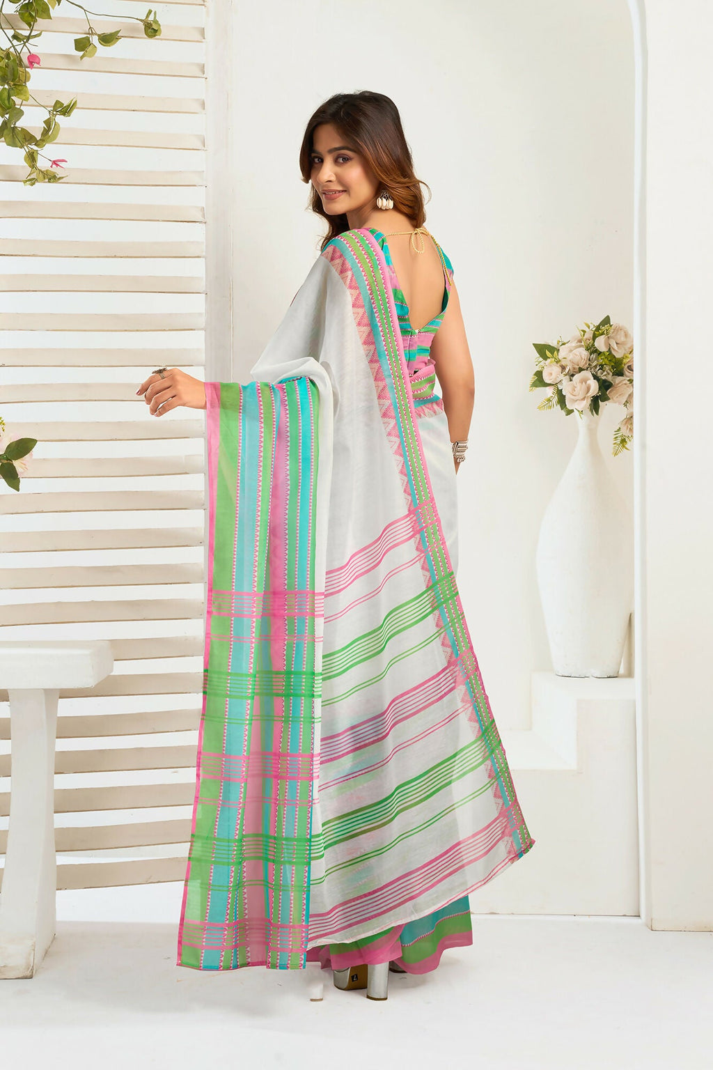 Vastranavya Multicolor Digital Printed Linen Ready To Wear Designer Saree with Unstitched Blouse - Distacart