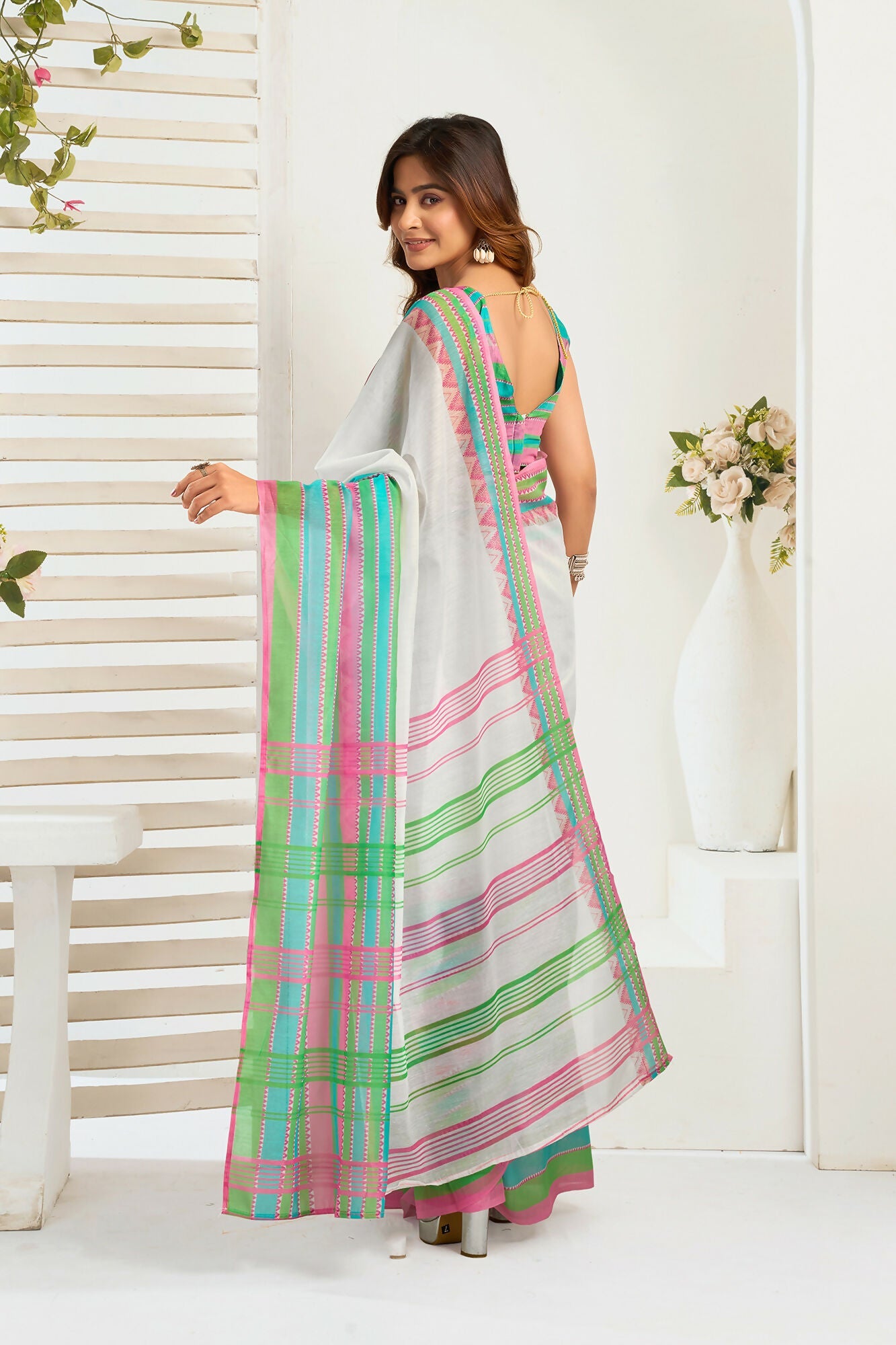 Vastranavya Multicolor Digital Printed Linen Ready To Wear Designer Saree with Unstitched Blouse - Distacart