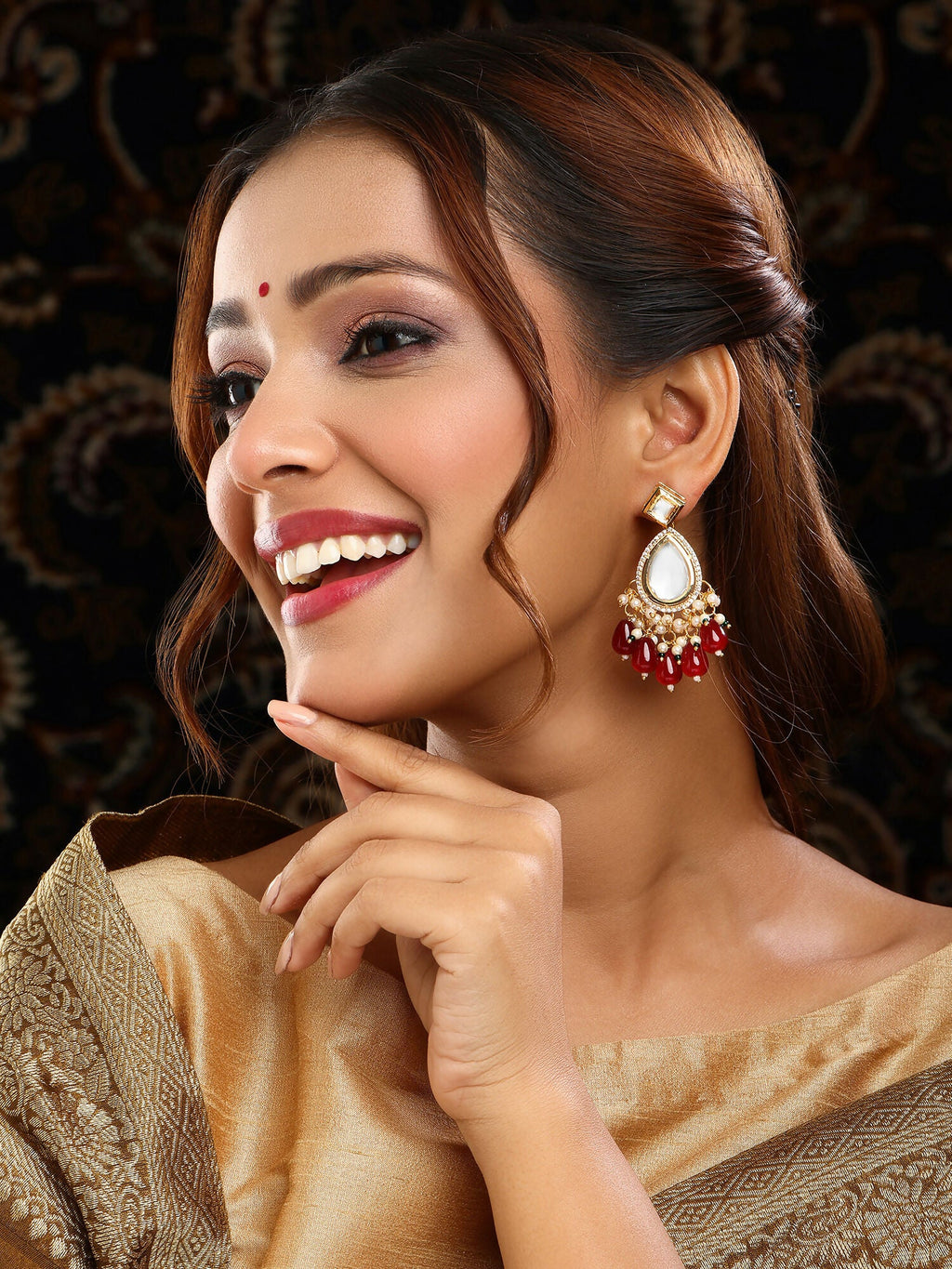 Ruby Raang Gold Polished Kundan Earrings With Maroon Stones - Distacart