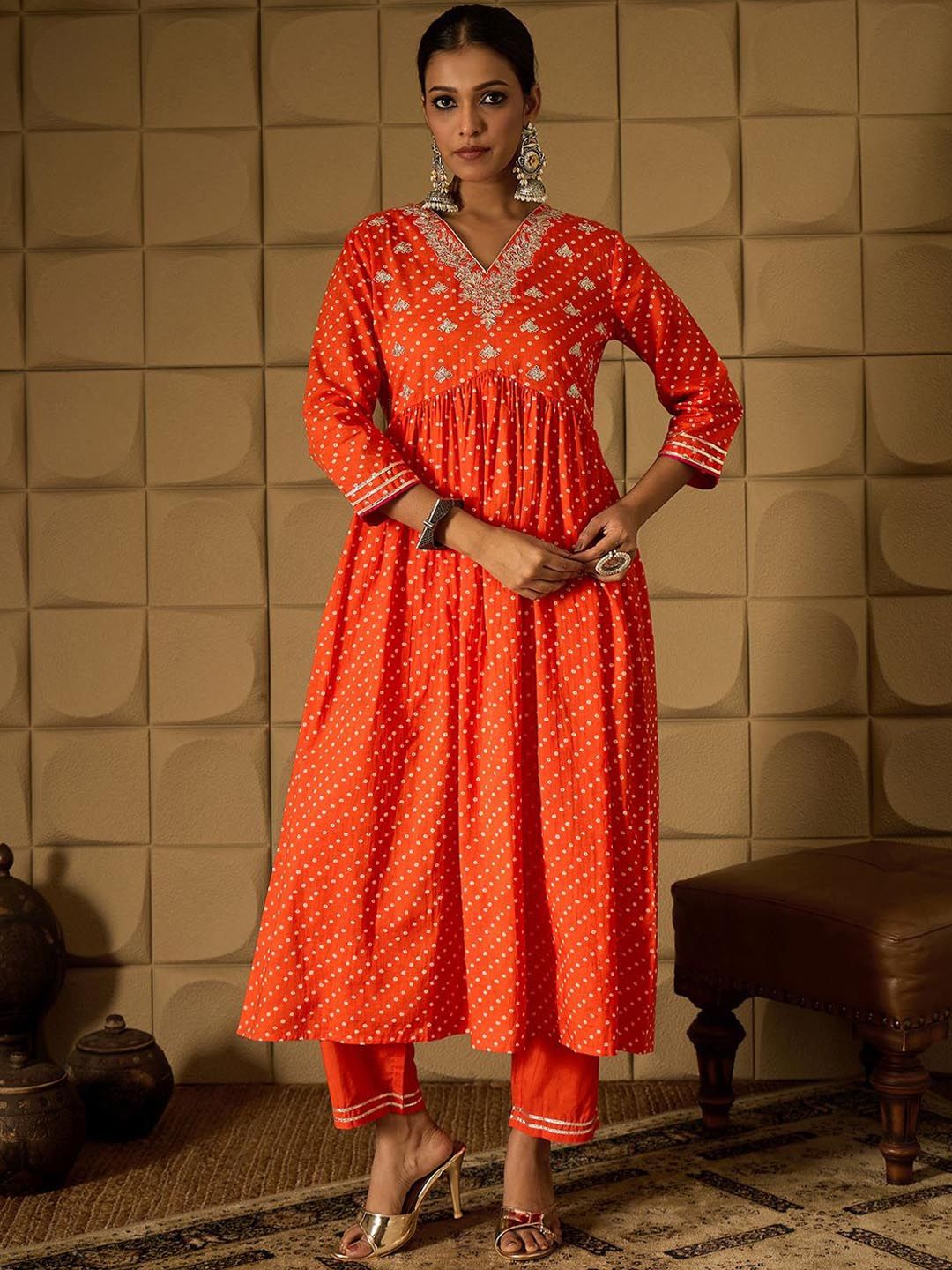 Indo Era Bandhani Embroidered Empire Sequined A-Line Pure Cotton Kurta With Trousers - Distacart