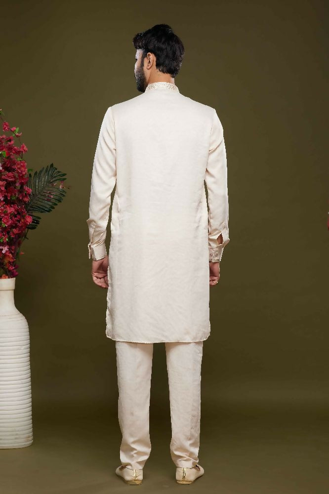 Raivat Ethnic Art Banarasi Silk Thread Work Kurta Pajama In Cream Colour