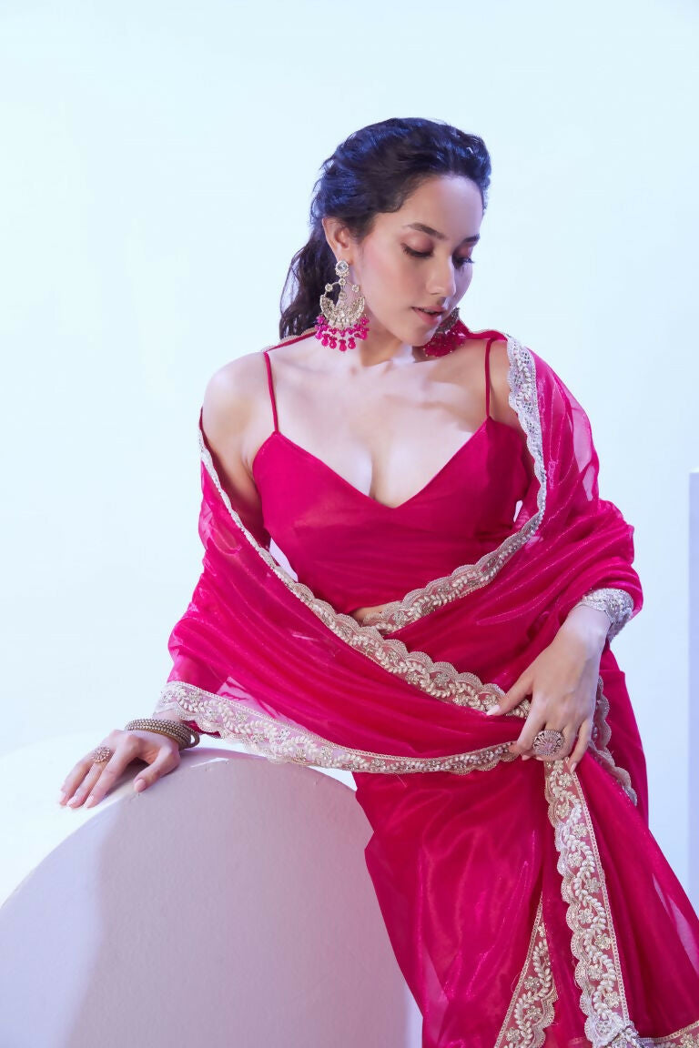 Pink C/H Net Solid Designer & Lace Work Saree - Samaa