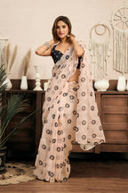 Vastranavya Cream Digital Printed Linen Ready To Wear Designer Saree with Unstitched Blouse - Distacart
