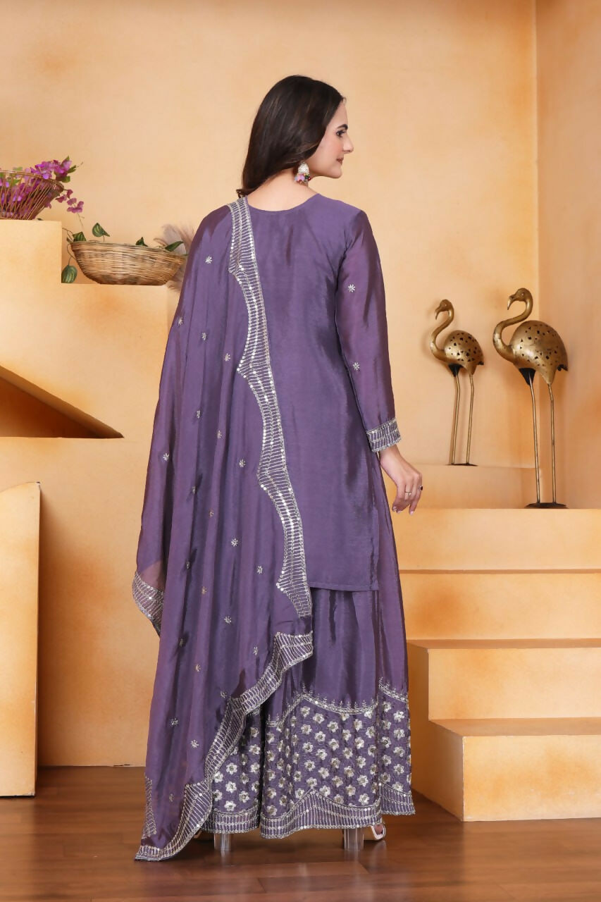 Teeya Creation Lavender Chinon Embroidery Work Party Wear Palazzo Suit - Distacart