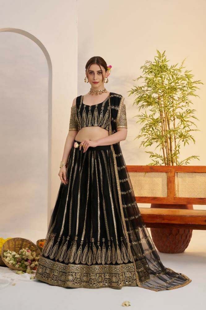 Aastha Fashion Black Butterfly Net Zari Work And Cotton Thread Work And Sequence Work Embroidery Wedding Wear Lehenga Choli