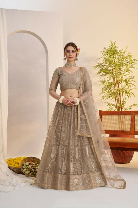 Aastha Fashion Metallic Gray Butterfly Net Tone To Tone Cotton Thread Work And Sequence Work Embroidery Wedding Wear Lehenga Choli