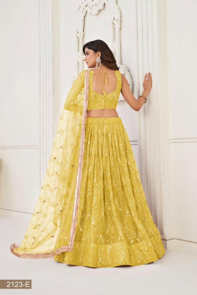 Aastha Fashion Yellow Butterfly Net Tone To Tone Thread Work, Sequence Work And Original Mirror Work Embroidery Wedding Wear Lehenga Choli