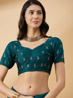 Teal Silk Blend Embroidered Saree with Unstitched Blouse - Vairagi