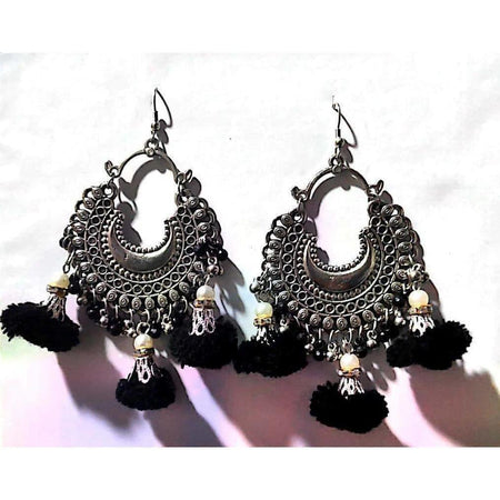 MS Fashion India Black Woolen Threaded with Chandbali Earrings