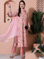 Jyoti Fashion Women's Pink Cotton Floral Digital Printed Kurta with Trouser & Dupatta