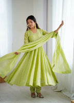 Teeya Creation Pista Green Color Heavy Crunchy Silk Embroidery Work Gown - Distacart